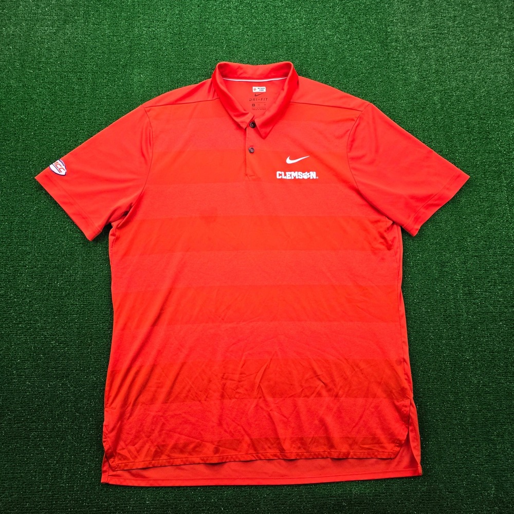 Clemson Tigers Polo Shirt Mens XL Orange Striped Nike‎ Dri Fit NCAA Mickey Conn